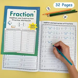 Fraction Addition and Subtraction Practice Book, 32 Pages, Colorful Math Workbook for Elementary Students, Includes Multiplication and Division, Learning Materials