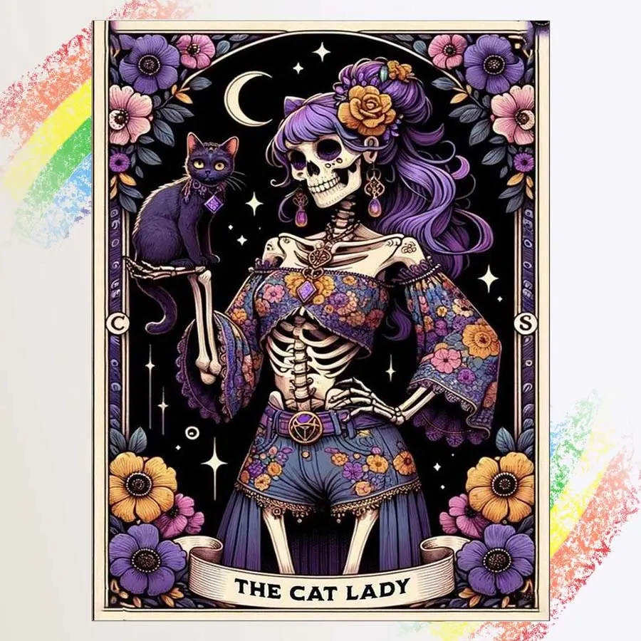 1pcs 5D DIY diamond painting kit, skull cat girl full round drill DIY, mosaic, diamond art, Craft, DIY home decoration, suitable for Halloween and Christmas