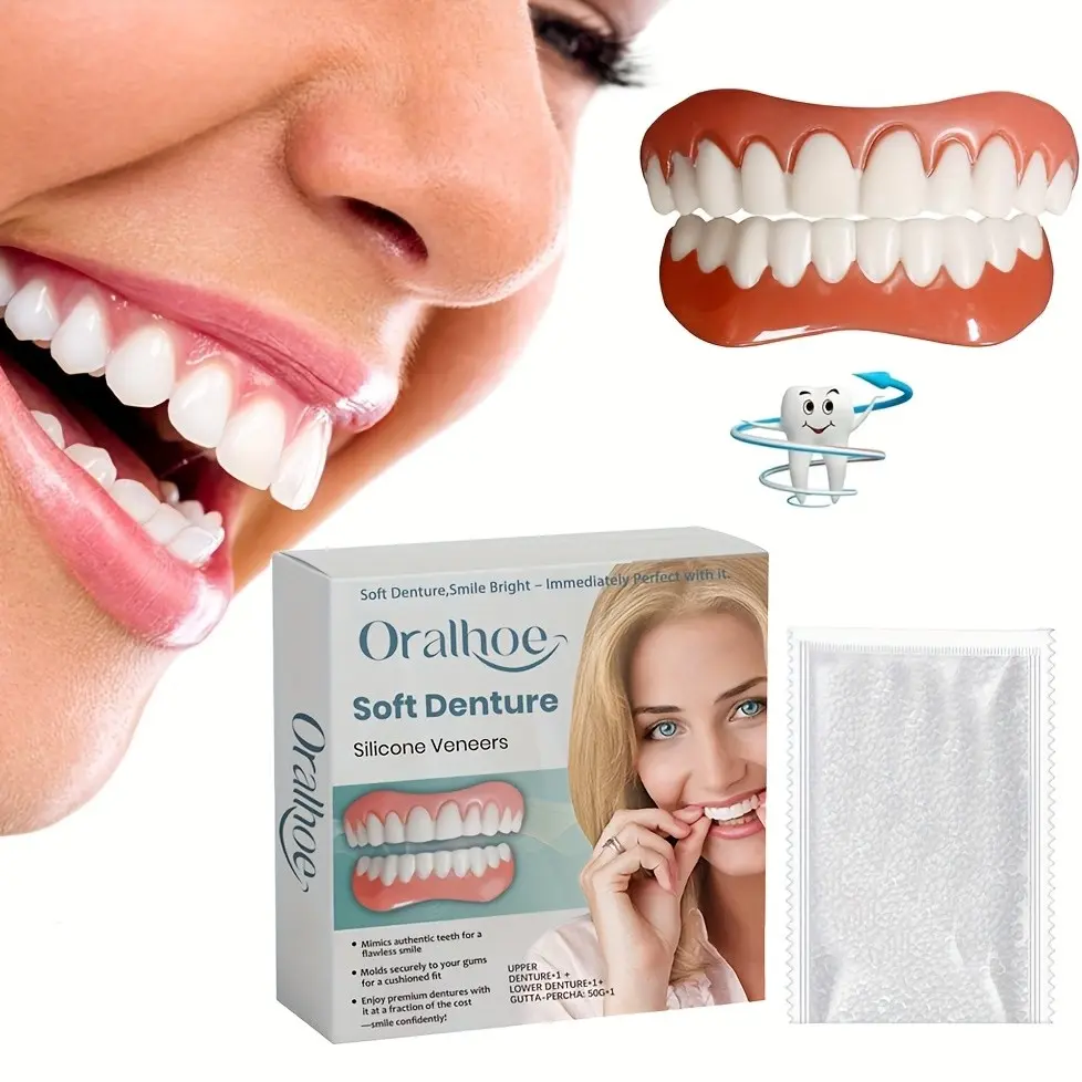 Cosmetic Teeth Veneers - Moldable False Teeth Kit - Upper And Lower Sets, Easy to Install, Disassemble And Clean, Suitable for All Tooth Shapes, False Teeth for People with Missing Teeth, False Teeth Kit, The Ideal Holiday Gift