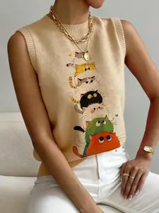Women's Sweet Casual Colorful Cat Animal Print Stand Collar Sweater, Sleeveless Knit Vest, Comfortable Breathable Spring Fall Top