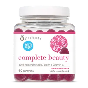 Youtheory Complete Beauty Zero Sugar Gummies, Watermelon Flavor, Featuring hyaluronic Acid, biotin & Vitamin C, 60 Vegetarian Gummies