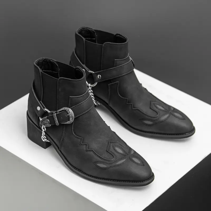 Boots for Men- Men's Western Boots With Embroidered, Embroidering Design hight- heeled Ankle Boots, Slip Resistant Square Toe Chunky Heel Ankle Boots, Durable and  Fashionable Retro Classic Walking Shoes Footwear, Fathersdaygift Boy tiktokshopbacktoschool