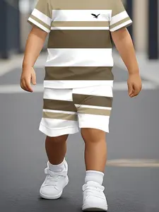 Boys Summer Trendy Athletic Short Sleeve Fitted Set, Striped Sets, Outfit, Geometric Pattern Print, Casual Lightweight Comfort, Perfect for Outdoor Sports, Ideal Gift