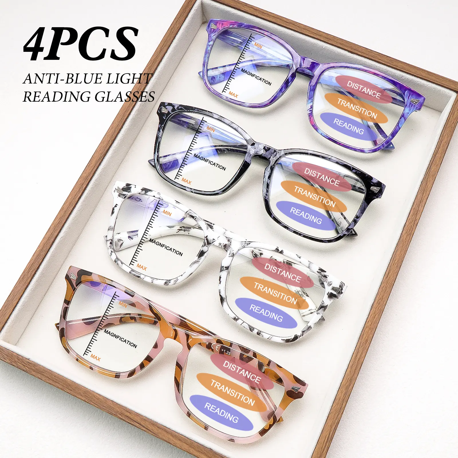 4 Pack Progressive Multifocal Reading Glasses for Women, Blue Light Blocking Oversized Square Frame Fashion Eyewear, Lightweight Spring Hinge Readers