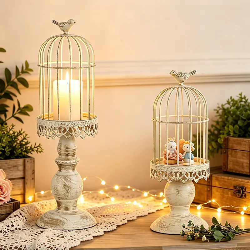 2-Pcs Farmhouse Antique White Distressed Metal Birdcage Decoration Set with Pedestal Stands, 53cm & 45cm Tall Candle Holders, Wedding Table Centerpiece for Home Tabletop Decor
