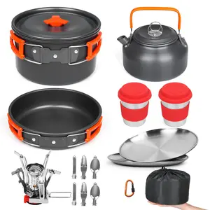 Camping Cookware Kettle Backpacking Stove Mess Kit, Camping Pots and Pans Set with Cups Plates Utensils, Camping Kitchen Accessories Cooking Set Survival Gear