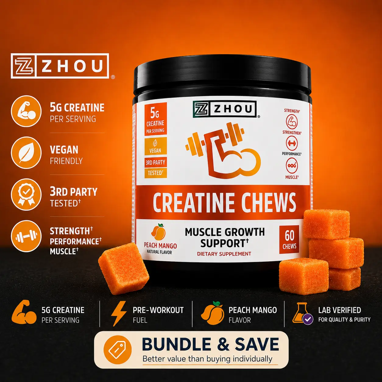 Zhou Creatine Chews — NEW JAR PACKAGING — 5g Creatine Monohydrate Chewable — Match-Day Fuel