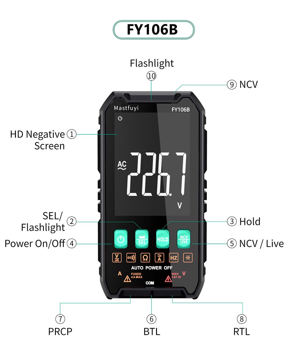 FY106 Smart Multimeter Mini Digital Multimeter 3999Counts Auto-Ranging CAT III 600V Professional Voltage Multimeter Multimeter Test Leads Multimeter Tester