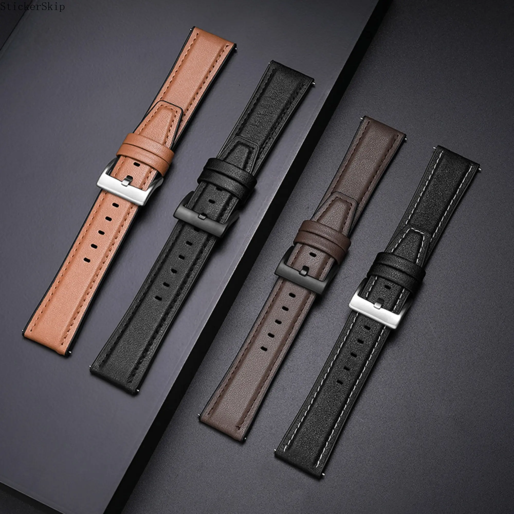 2026 New Business Style Smooth Simple Plain Premium Cowhide Leather Watch Strap - A10 20mm Compatible, Silver/Black Buckle Replacement Band, Fits 18/22mm Lug Width, Daily Use for Men