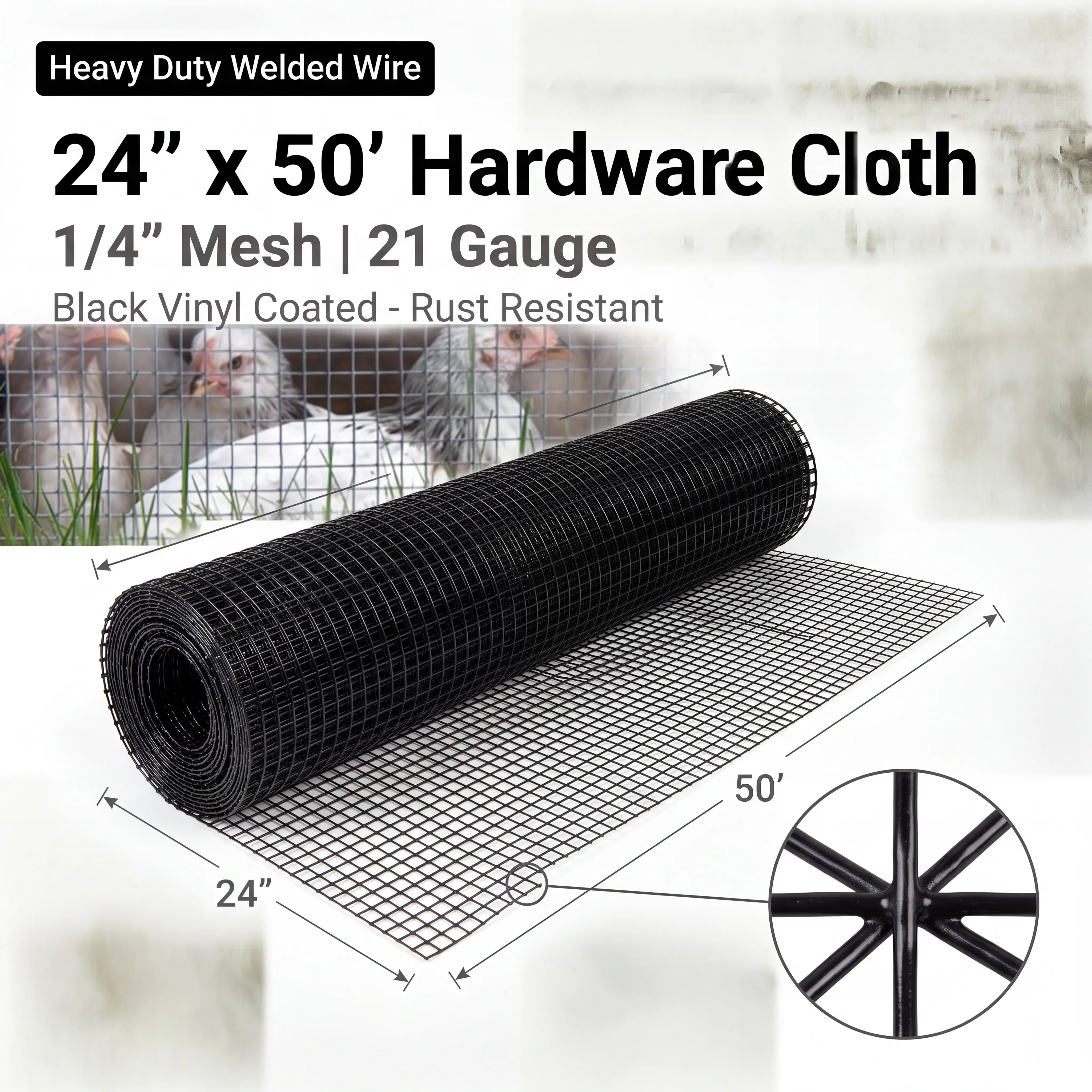 21-Gauge Galvanized Steel Outdoor Metal Vinyl Coated Hardware Cloth, 1/4in Mesh 24"x50' - Heavy Duty Fence for Chicken Coop, Pet Cage Protection,Winter,Warm,Cotton,Nest,House,Suction,Cup,Bearded,Dragon,Bed,hamster,,Sturdy,,Collapsible,Bunny,Tunnel,Hideout