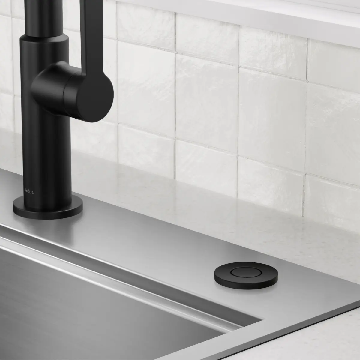 Kraus KWDA-200MB Stainless Steel Garbage Disposal Air Switch Kit with 2 Flat-Top Push Buttons, Spot-Free, AC Adapter, Power Cord & Air Tube, Matte Black