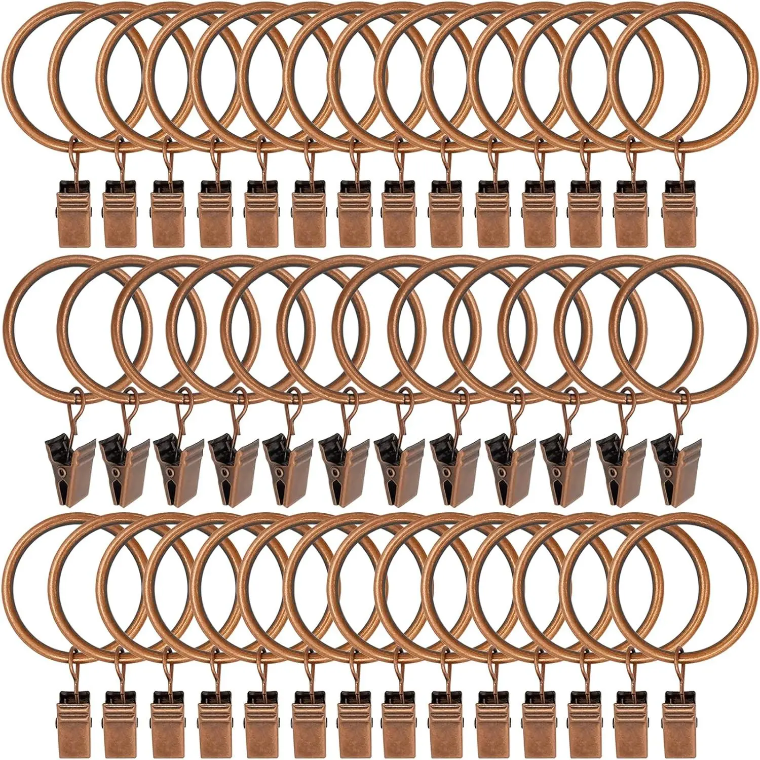 Antique Copper Metal Curtain Rings Set Pack - 40 Pieces, 1.5" Inner Diameter Eyelets, Decorative Window Drapery Hangers with Clips and Hooks, Hanger Clips