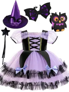 (Dress + all accessories) Halloween new black and purple mesh dress children's cartoon Kuromi short-sleeved dress Lolita princess dress dress