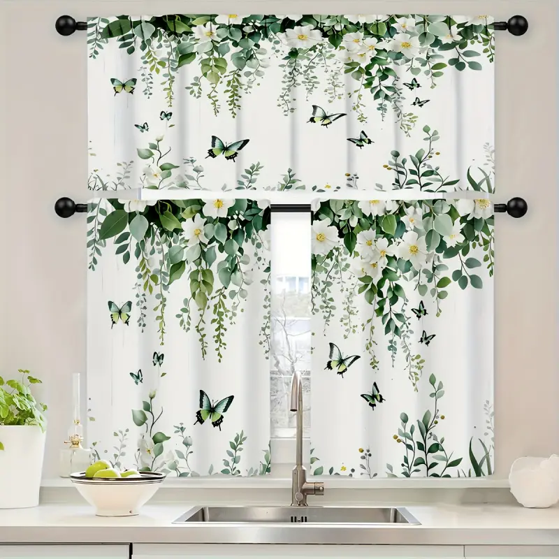 Vintage Floral Botanical Curtain Combo - Rod Pocket Valance & Tier Set, Green Leaf White Flower Butterfly Design Home Textile for Kitchen Window Decor
