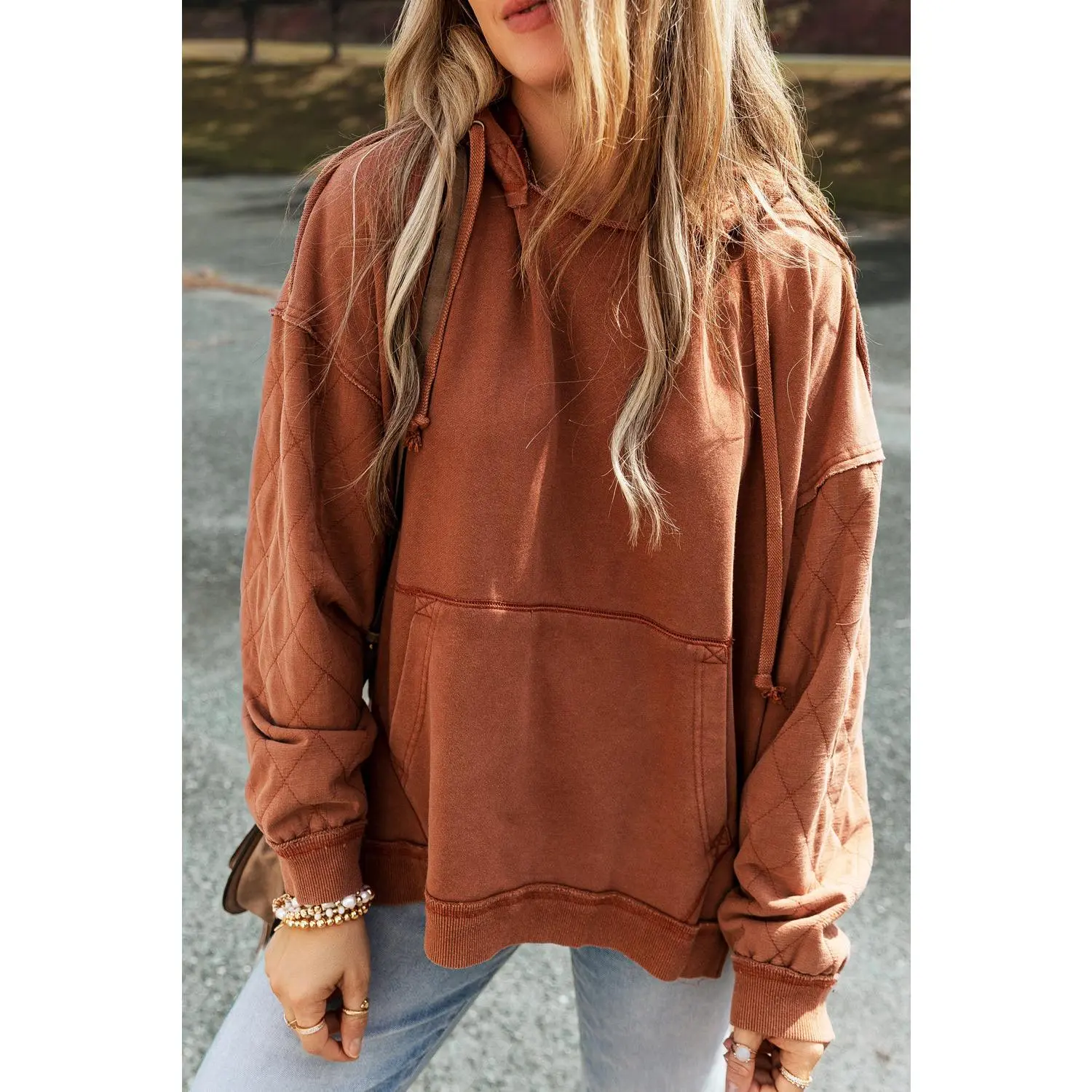 Chestnut Quilted Exposed Seam Kangaroo Pocket Hoodie