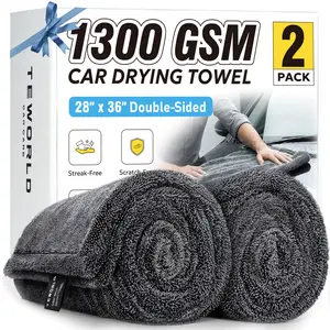 Teworld 2-Pack Car Drying Towels, 1300 GSM Microfiber Towels for Cars, 36" x 28" Extra Large, Streak-Free & Scratch-Free Car Drying Cloth, Easy Dry for Beginners, Edgeless Double Twist Loop for Car Detailing