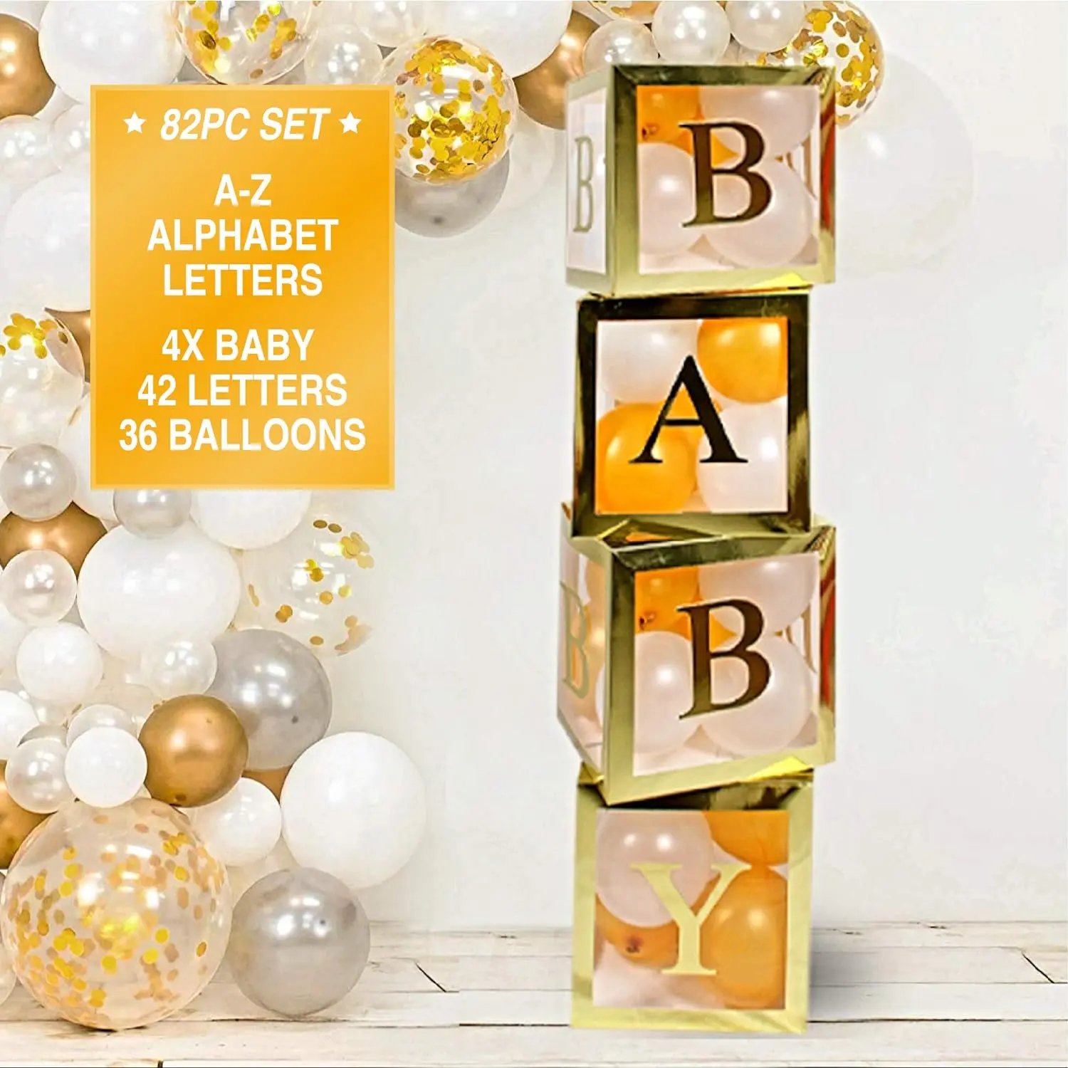 82 PCS Gold Neutral Baby Shower Decorations for Boy or Girl - Jumbo Transparent Baby Block Balloon Boxes, BABY, A - Z Letters DYI Gold White Pink Blue Balloons | Gender Reveal Party Supplies Birthday