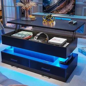 SIKAIC 40-Inch Modern Engineered Wood Lift-Top Rectangular Coffee Table with 2 Fabric Drawers and LED Light, Modern Coffee Table