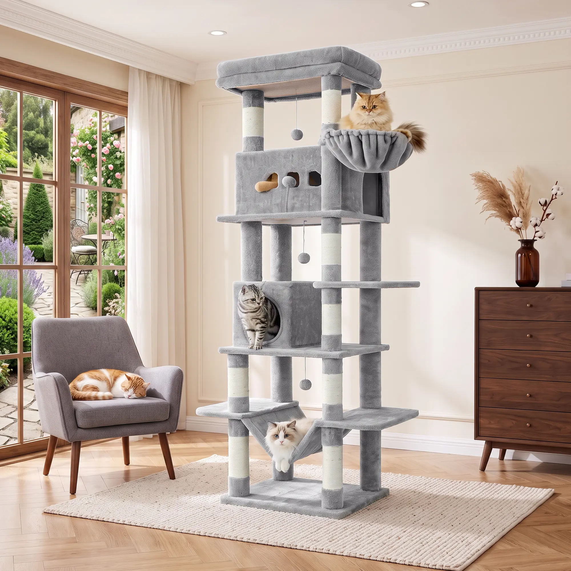 【Highly selectable】Hzuaneri Cat Tree Tower,Spacious Cat House Condo with Hidden Space，Sturdy Steel Tube，Soft Plush Top Perch，Cozy Hammock and Sisal Scratching Posts