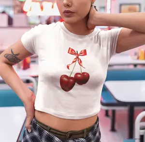 Cherries With Bow Graphic Baby Tee, Trendy Aesthetic Tee