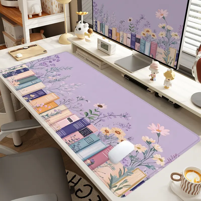 1pc Extra Large Literary Books & Flowers Mouse Pad Desk Pad,Computer Keyboard Mousepad with Non-Slip Rubber Base Durable Stitched Edge Gift for Home and Office, Office Desk Accessories, Aesthetic Office Supplies