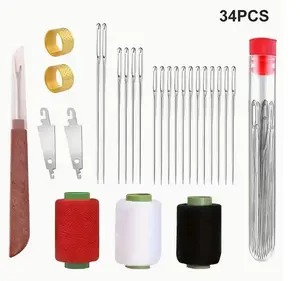 34pcs (5 Sizes) Large-Eye Sewing Kit for Seniors - Easy-Thread Hand Needles with Threaders, 3 Spools Polyester Thread (Black/ White/ Red) & Storage Tubes - Complete Steel Needle Set for Home Quilting, Crafting, Garment & Fabric Repair"