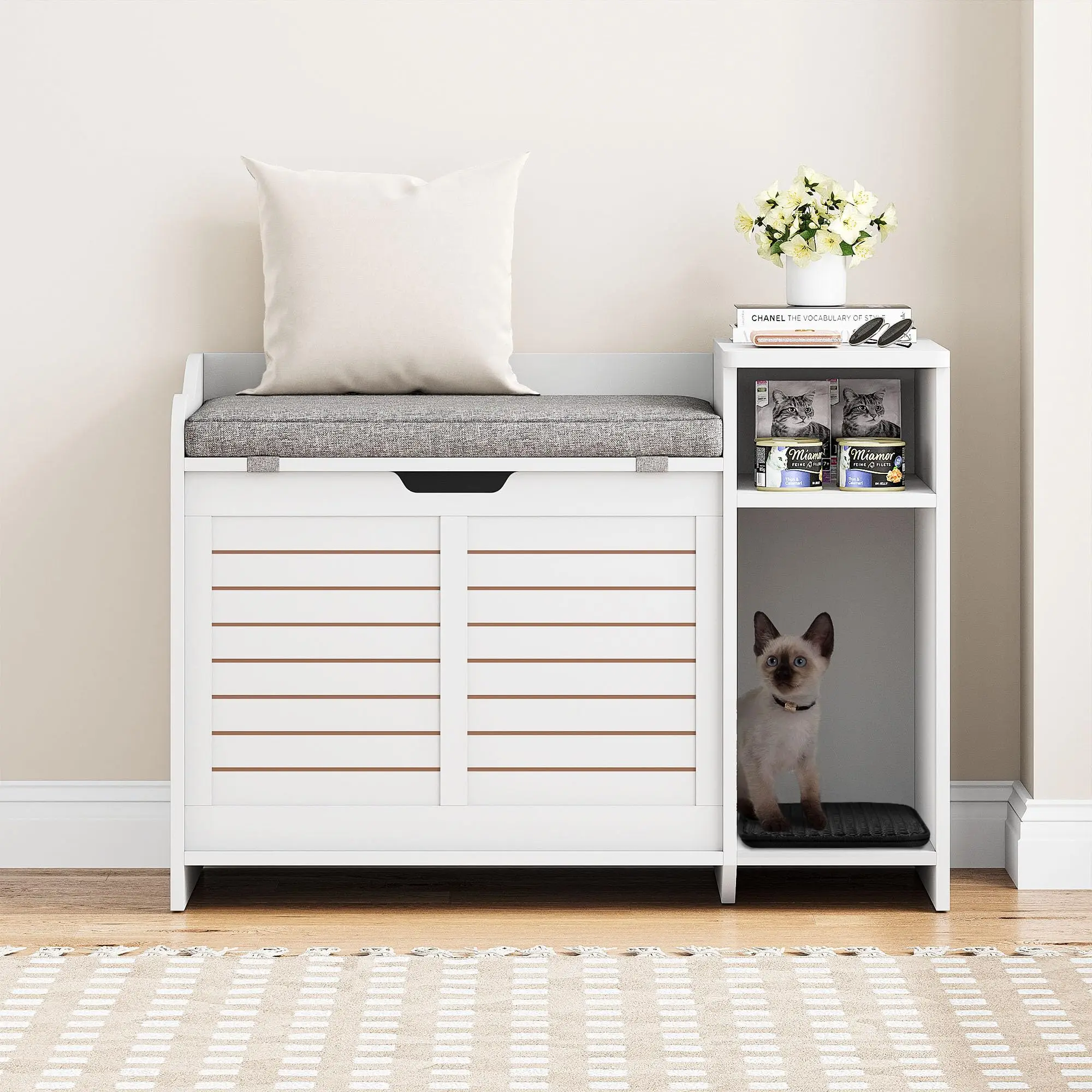Garvee Cat Litter Box Enclosure Furniture, Hidden Cat Litter Box Cabinet with Top & Side Entry Doors, Removable Cushion for Cat Bed, Storage Shelf for Odor Control, Fits Litter Box Up to 22" (White)