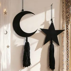 1pc/2pcs Black Crescent Moon & Star Wall Hanging Decor Set, Wooden Ornament with Black Tassels, Boho Witchy Spiritual Wall Art, Bohemian Home Decor, Interior Wall Decor, Home Party Festive Seasonal Decoration, Minimalist Wall Ornament
