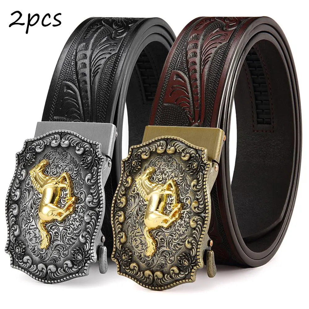 2pcs Men's Western Belt Set | Automatic Ratchet Buckle Belt | Fits Jeans & Formal Wear | Great Christmas Present Idea
