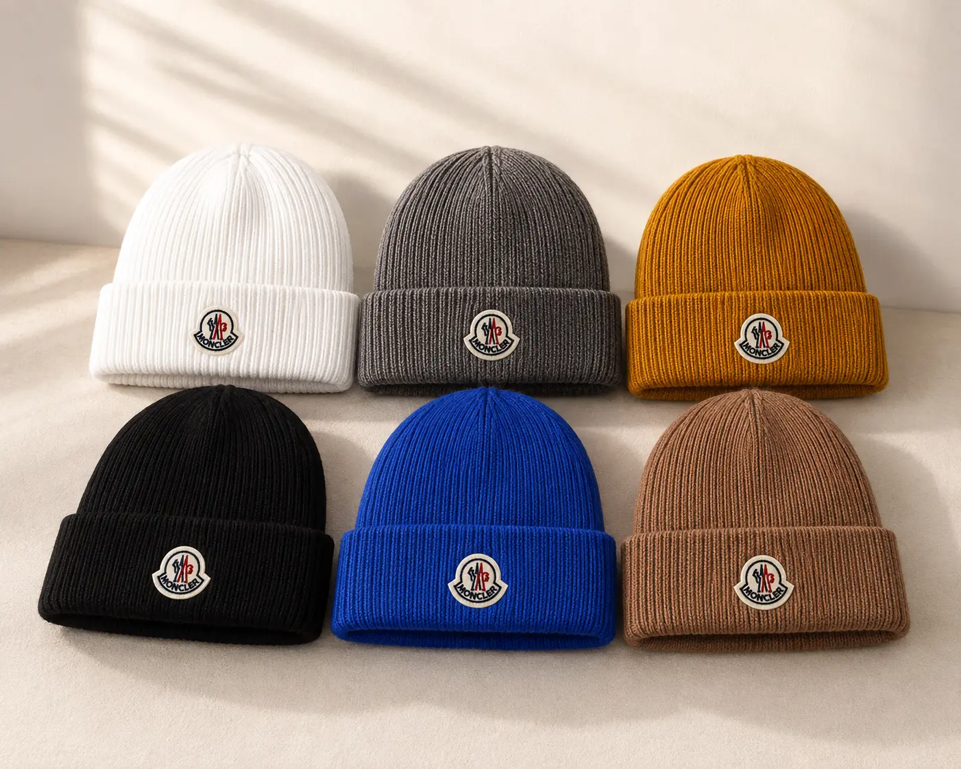 Moncler Knit Beanie Blue Unisex Winter Hat Ribbed Cuffed Wool Beanie Luxury Designer Knit Cap Soft Stretch Warm Skull Cap Cold Weather Streetwear Ski Snow Outdoor Fashion Men Women Gift
