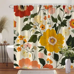 1Pc Floral Shower Curtain Yellow Flower Vintage Botanical Garden Print Polyester Fabric Bath Hanging Curtain 70.8x70.8 Inch with 12 Hooks for Bathroom Decor