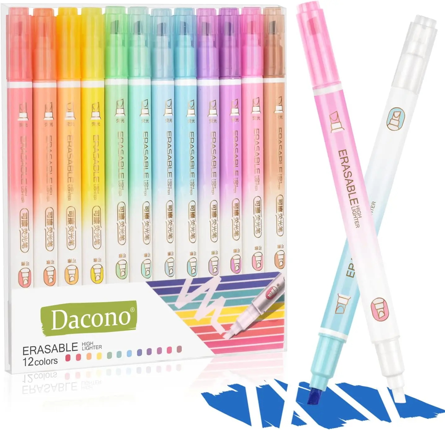 Erasable Highlighters, 12-Pc No Bleed Through Chisel Tip Assorted Colored Erasable Gel Pen Markers for Back to School Haul, Blank Pages Marking, School Office Stationery Supplies, Erasable Gel Pen Markers & Highlighters