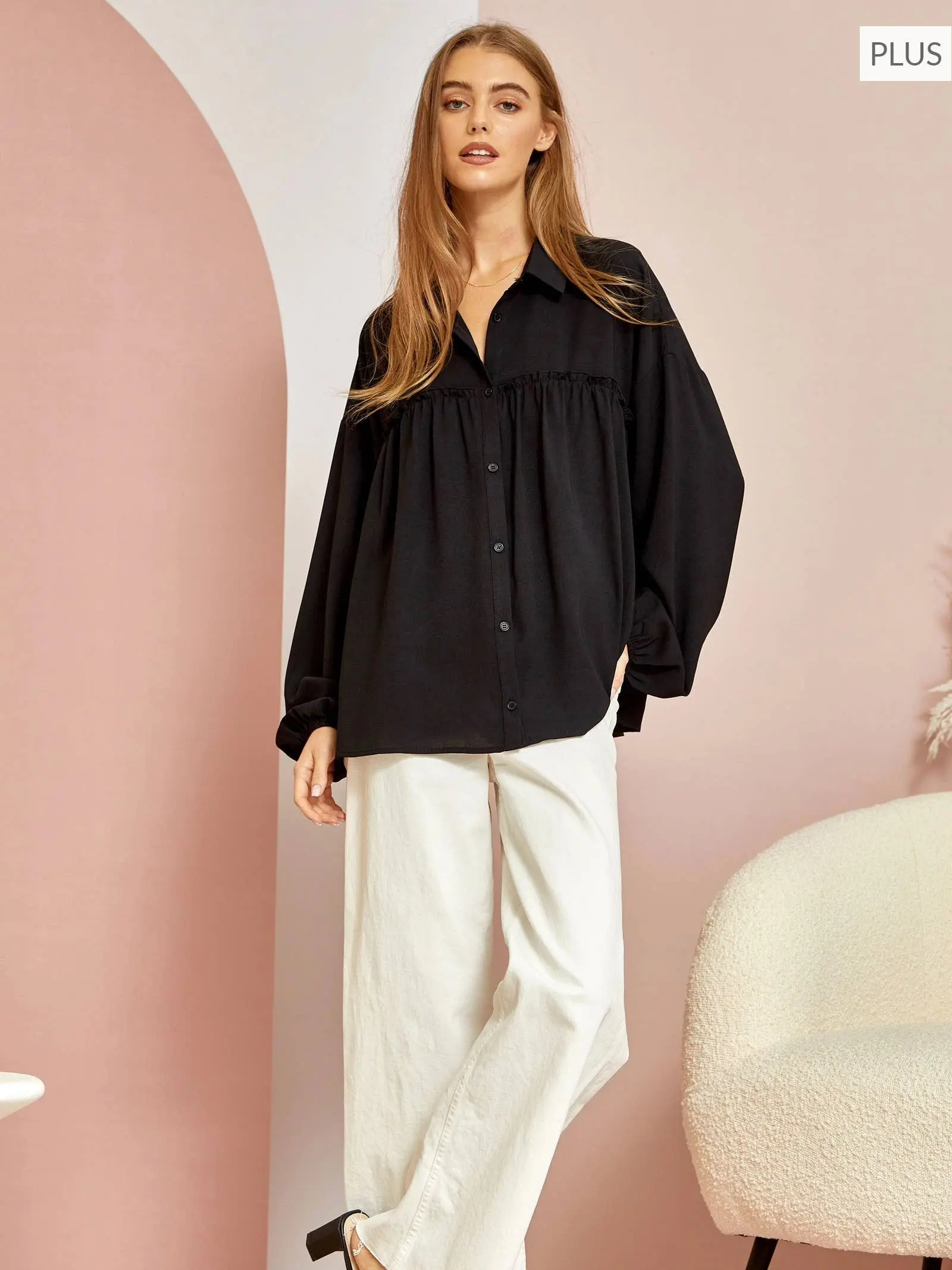 PLUS SIZE Oversized Button-Down Top Balloon Casual Lady
