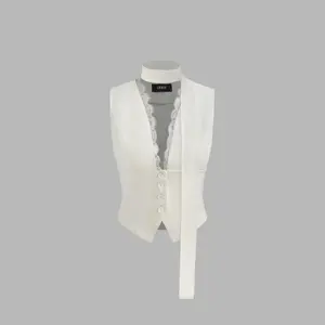 Cider [3 colors, size 0-24] V-neck Solid Lace Trim Blazer Vest With Scarf