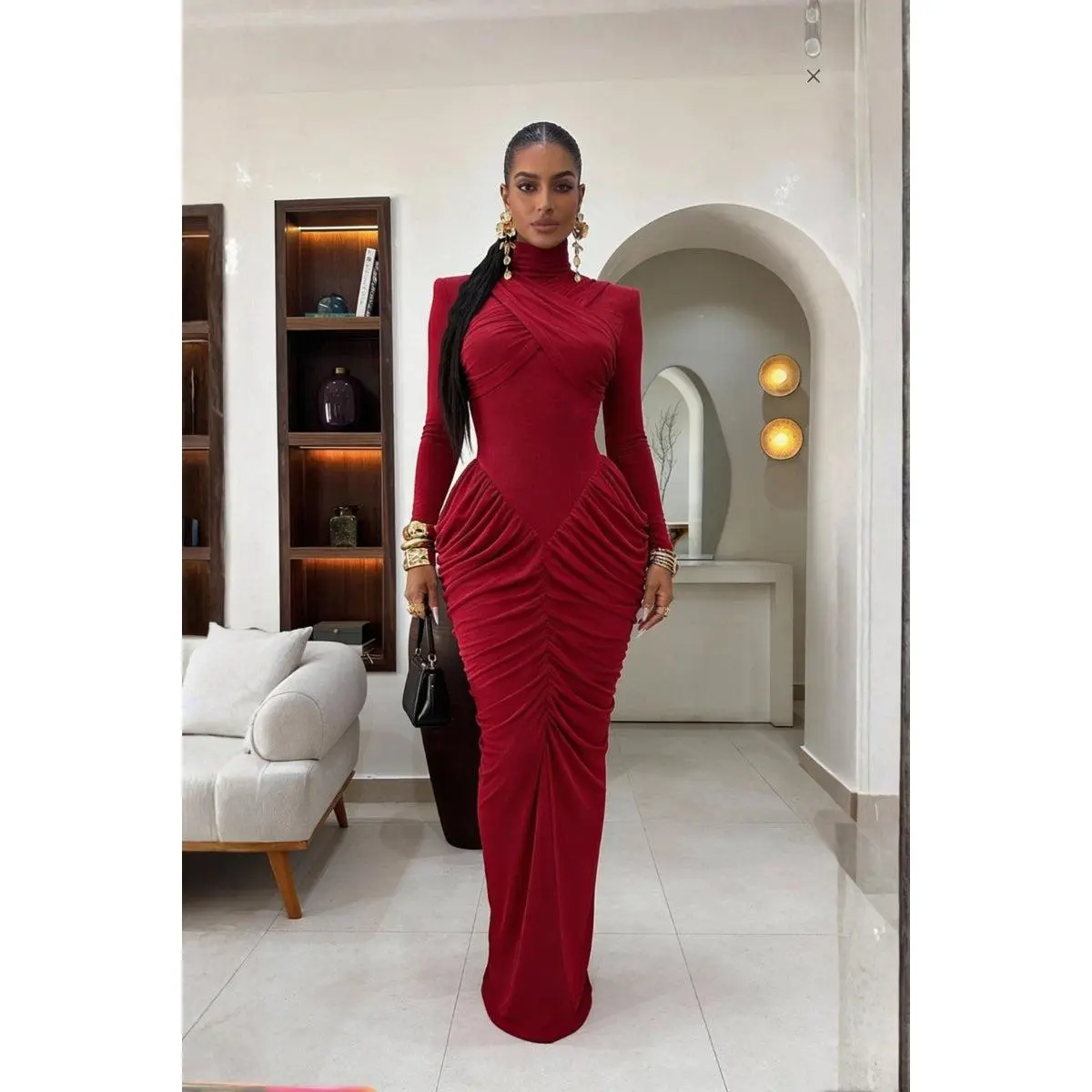 Neka mock neck shoulder pad crossed backless dress-Red