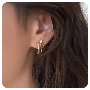 MINDEKA 925 Sterling Silver Post Earrings Triple Huggie Illusion Stud Earring Double Huggie Hoop Earrings for One Hole Claw Ear Cuff Earring Jewelry Gift for Women