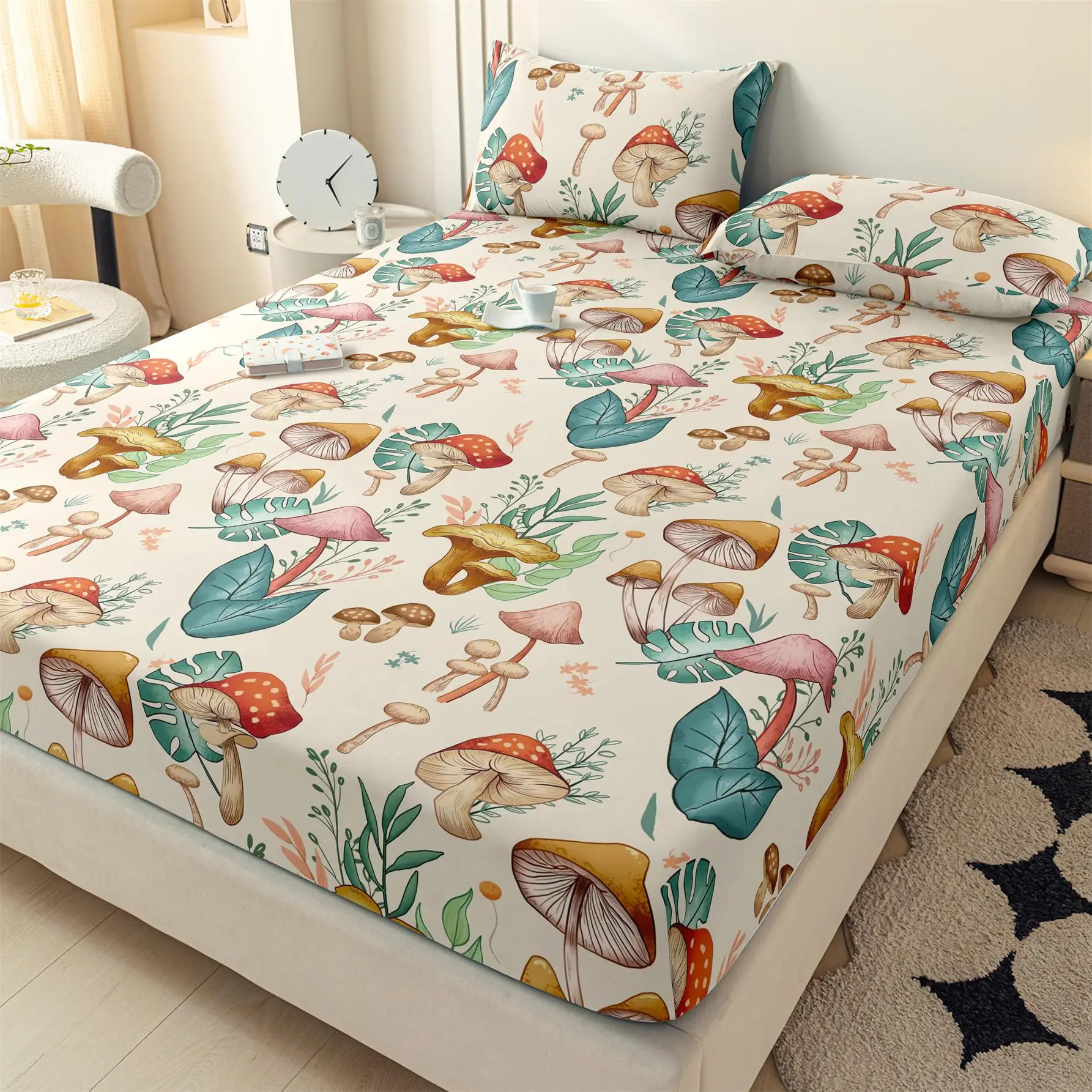 Mushroom Print Bedding Set, Including 1 Count Bedspread & 2 Counts Pillowcase without Filler, Soft Comfortable Bedding Set for Bedroom, Guest Room, Ap