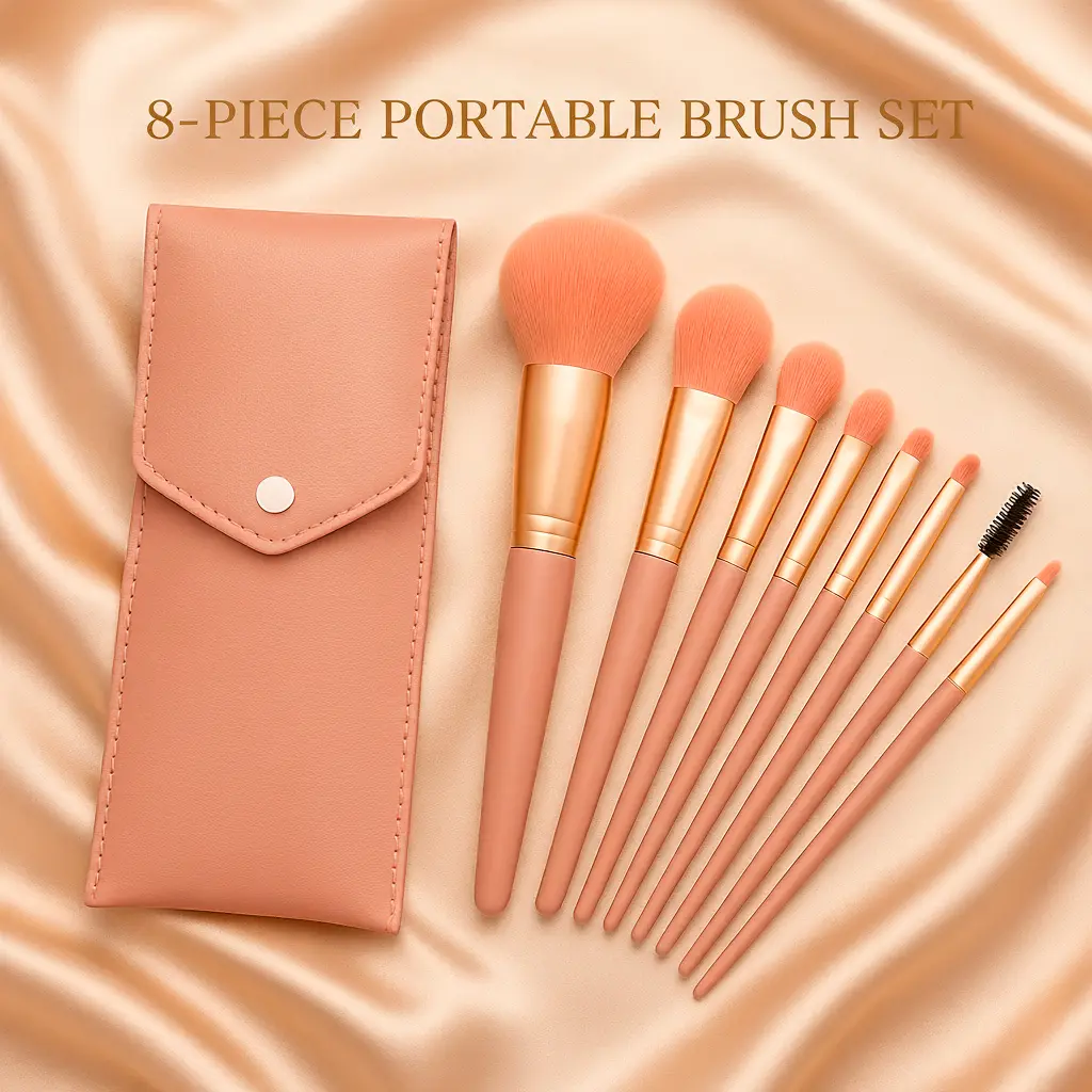 Mini Peach Makeup Brush Set 8PCS with Travel Case – Soft Vegan Bristles for Face, Eyes, Brows & Travel