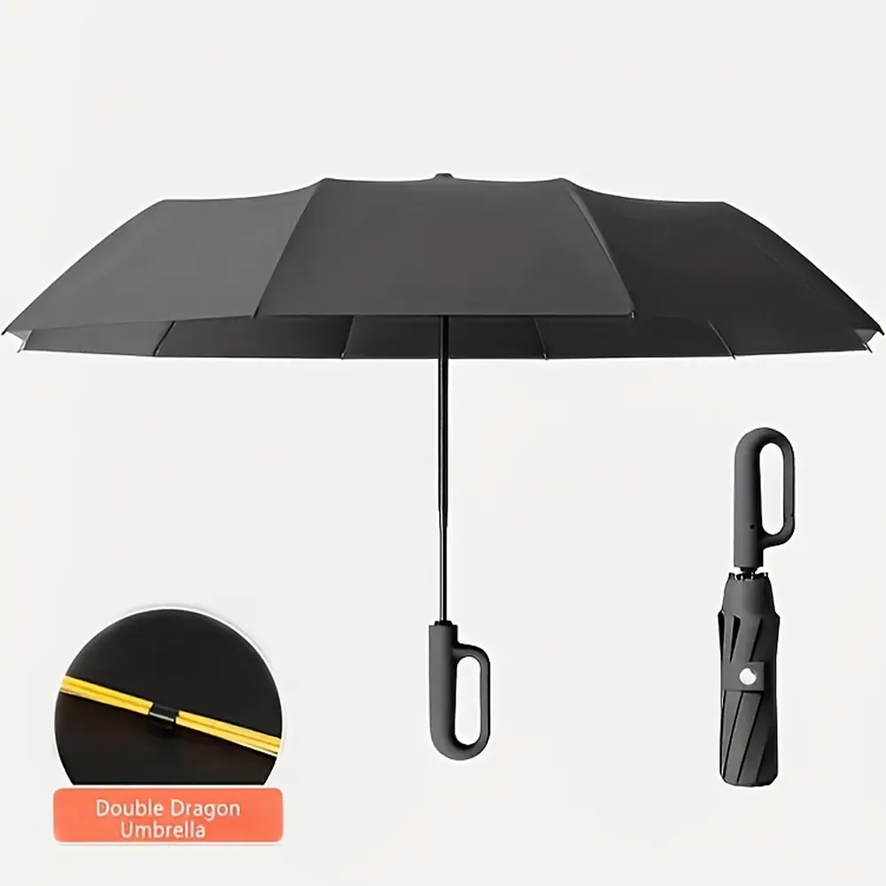Portable Folding Inverted Umbrella Windproof 10 Ribs Reverse Umbrella with Carabiner Handle, Dual Use Rain & Sun Umbrella for Men Women Outdoor Travel Use