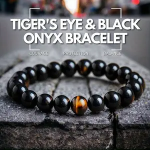 Exquisite Tigers Eye and Black Onyx Courage Beaded Bracelet - Balance, Protection, and Confidence Jewelry for Men and Women - Handcrafted, Adjustable, and Meaningful Accessory for Everyday Wear