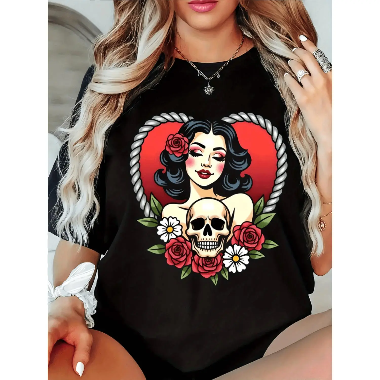 Plus Size Women's Casual Short Sleeve Round Neck T-Shirt - Black, Gothic Skull & Floral Print, Slight Stretch Knit Fabric, All-Season Comfortable Bold Graphic Top for Casual Attire