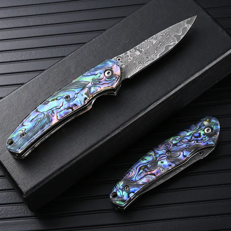 Abalone Shell Handle Damascus Pattern Folding Fruit Slicing Tool, Portable EDC Camping Household Cutter