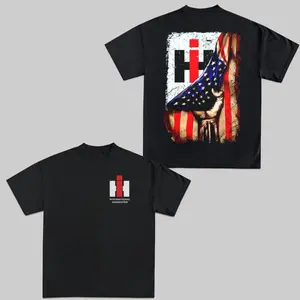 IH US Flag T-Shirt US International Harvester Farm Equipment US Farmers Graphic 2-Sided Graphic Tees Outfit For Farmers
