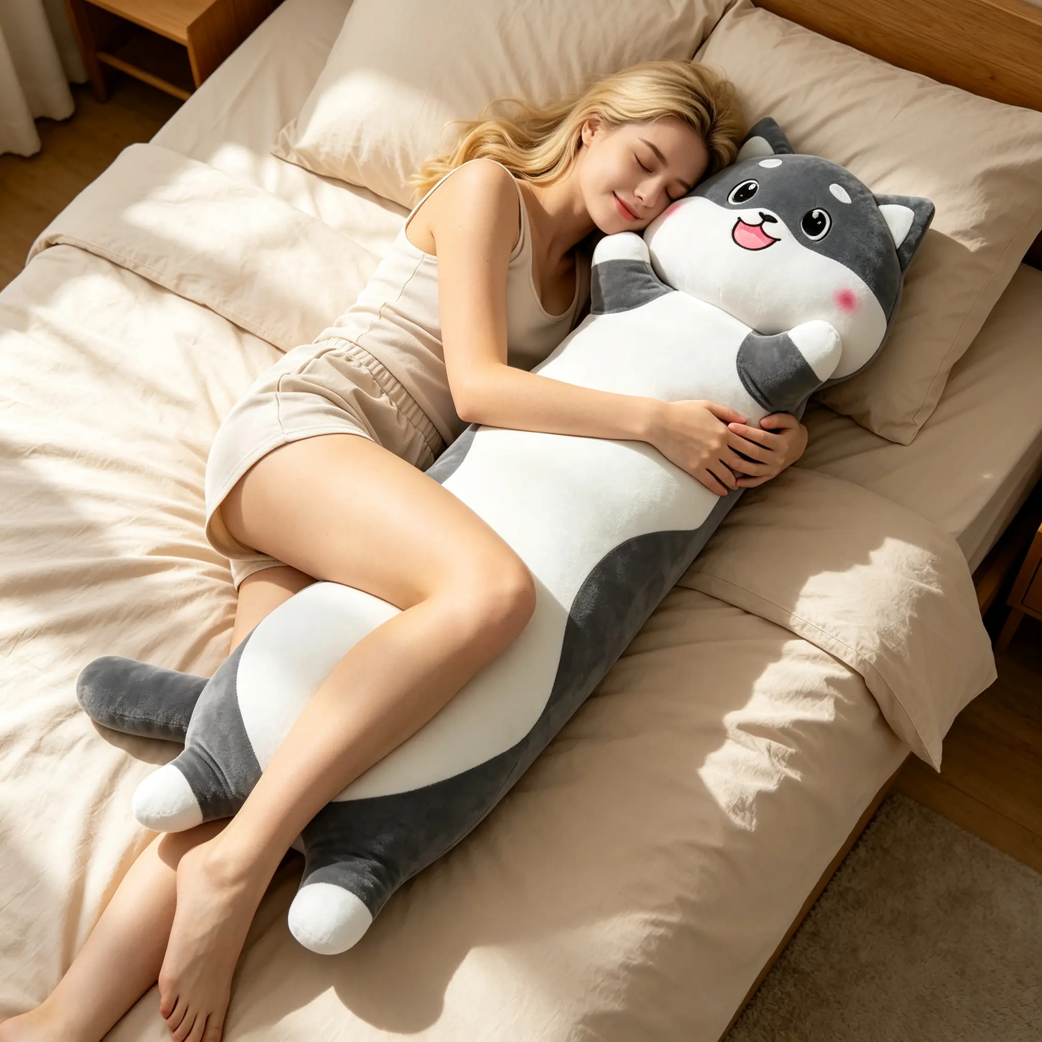 Trending ultra-soft long plush hugging pillow—arm-holding design; Shiba Inu/Husky/cat plush toy for bedside companionship and leg-clutch play; soothing birthday gift for girls