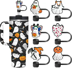 6Pcs Halloween Ghost Straw Toppers – Cute Straw Covers for Stanley Cup, 10mm Straw Tip Caps, Reusable Cup Accessories & Party Decorations Drinkware Halloween Skeleton Straw Toppers Mexican Skull Silicone Straw Covers