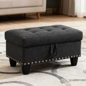 Modern Tufted Storage Ottoman with Luxe Nailhead Trim – Quiet Luxury End of Bed Bench & Coffee Table Footrest for Living Room Home Glow-Up