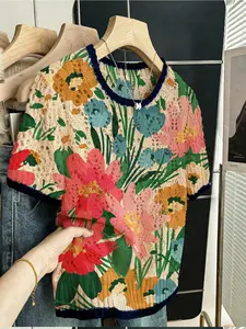 Women's Floral Leaf Print Knitwear Sweater T-Shirt, Round Neck Short Sleeve, Casual Everyday Fit Breathable Design, Spring Summer Fall Fashion