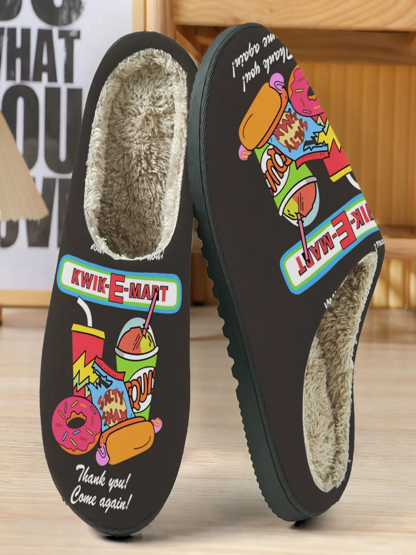 Simpsons Kwik-E-Mart Theme Cotton Slippers, Bottom Cartoon Style Convenience Store Pattern, Warm Fleece Lining, Anime Fan Home Goods