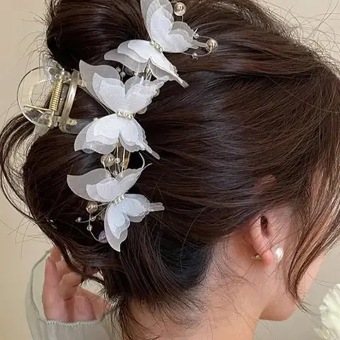 Elegant Women's Mesh Pearl Butterfly Prom Mom Hair Clip Original, Stylish Fall Winter Accessory, Perfect for Photos, Commuting, Parties, and Travel, Hair Decor, Butterfly Clips, Hairclips