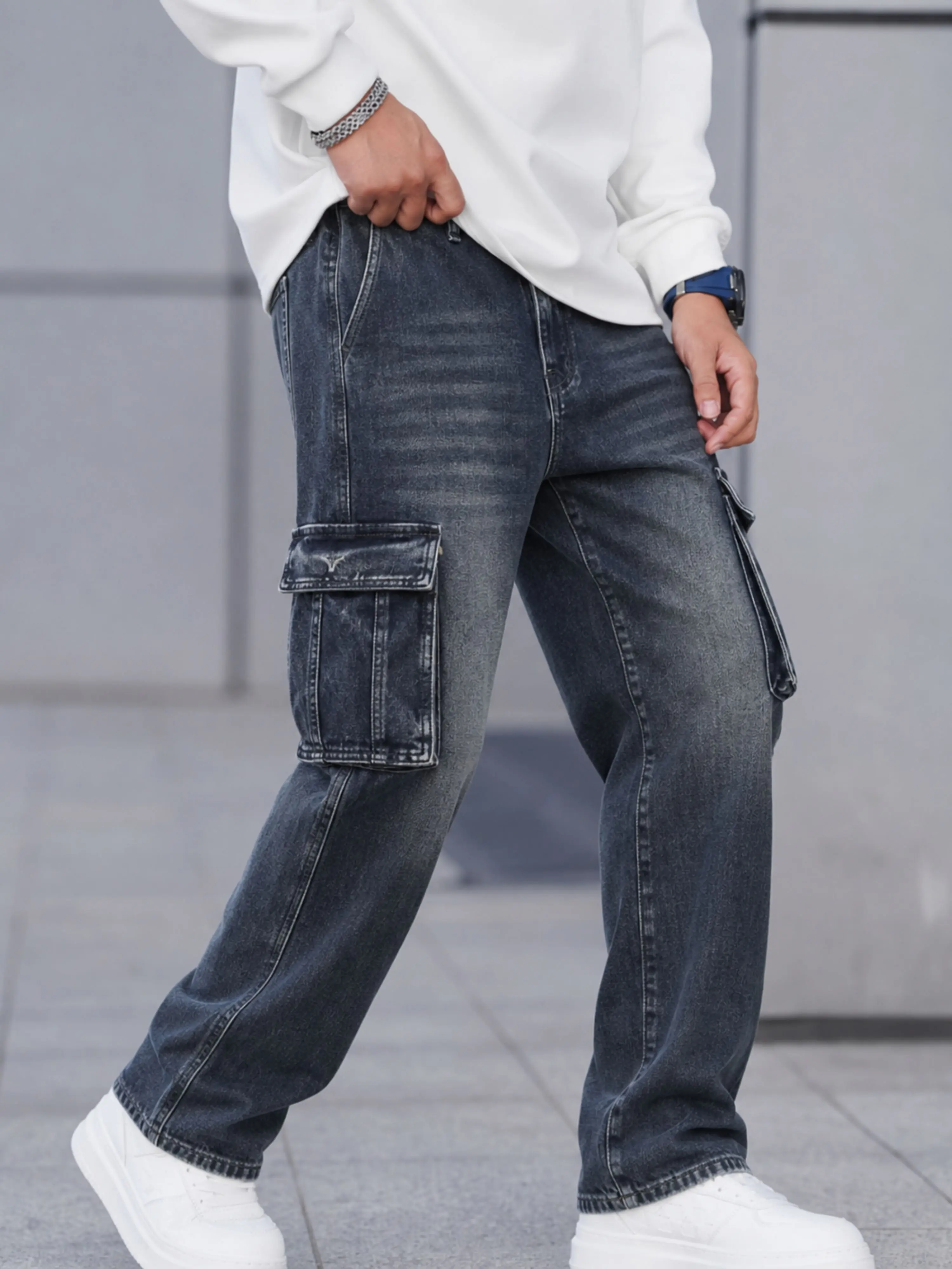 Men's American Vintage Washed Denim Workwear Jeans - Menswear Aesthetic Stylish Streetwear Pants, Casual High-Street Straight Wide-Leg, Multi-Pocket Loose Long Trousers, Baggy, Traditional, Classic, Chic, Cotton Mix, Multi-Pockets, 90S Wide-Leg Men's Jean